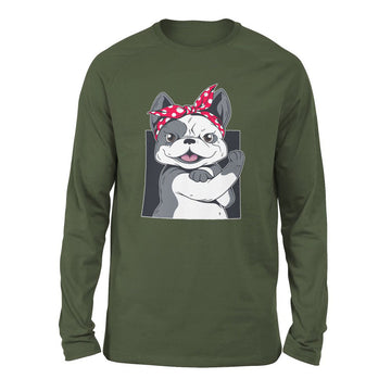 French Bulldog Men/Unisex Drop Shoulder Sweatshirt in Military Green color